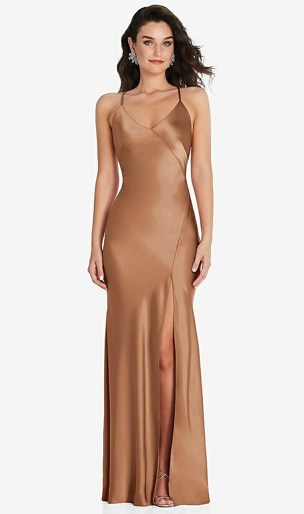Front View - Toffee V-Neck Convertible Strap Bias Slip Dress with Front Slit