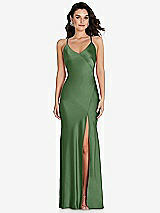 Front View Thumbnail - Vineyard Green V-Neck Convertible Strap Bias Slip Dress with Front Slit