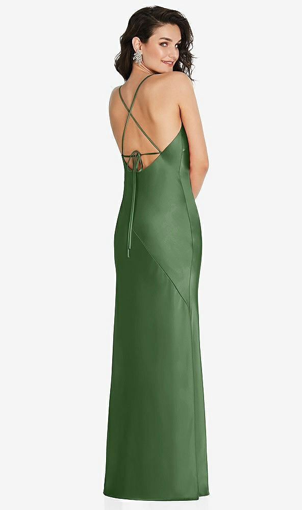 Back View - Vineyard Green V-Neck Convertible Strap Bias Slip Dress with Front Slit