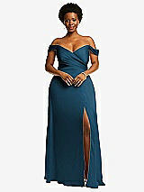 Front View Thumbnail - Atlantic Blue Off-the-Shoulder Flounce Sleeve Empire Waist Gown with Front Slit