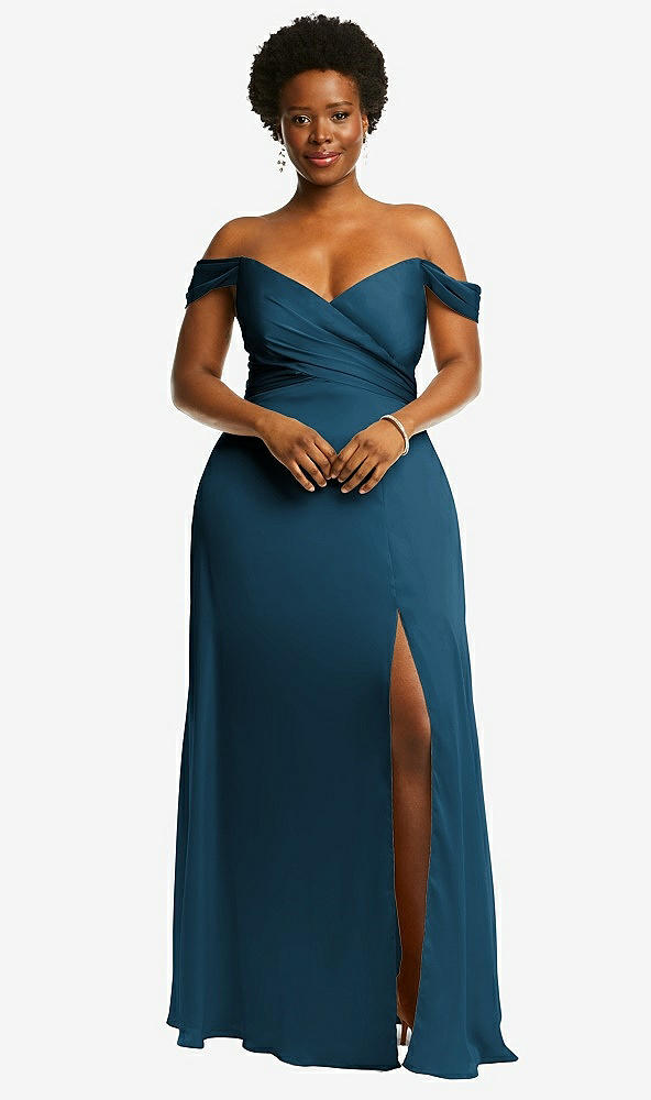 Front View - Atlantic Blue Off-the-Shoulder Flounce Sleeve Empire Waist Gown with Front Slit