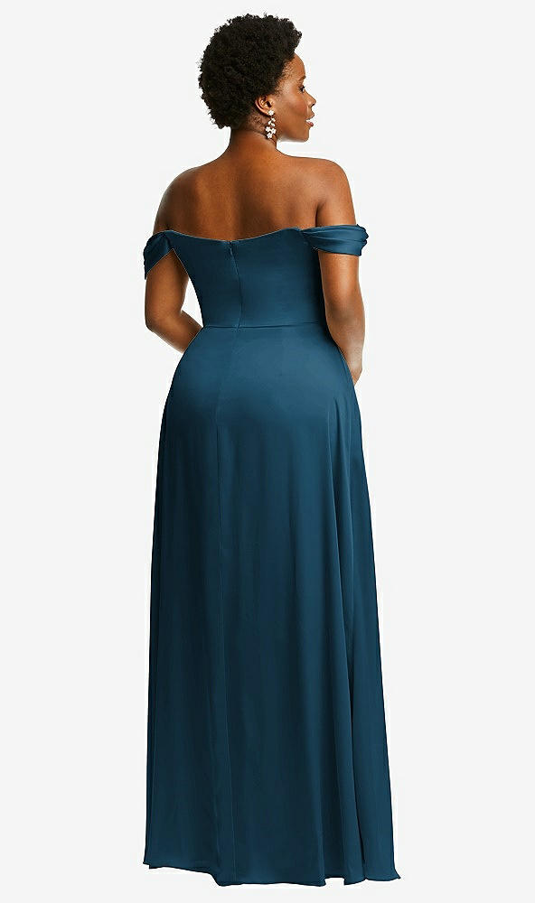 Back View - Atlantic Blue Off-the-Shoulder Flounce Sleeve Empire Waist Gown with Front Slit