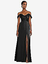 Alt View 1 Thumbnail - Black Off-the-Shoulder Flounce Sleeve Empire Waist Gown with Front Slit