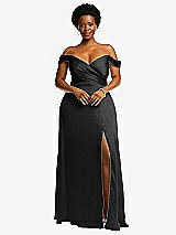 Front View Thumbnail - Black Off-the-Shoulder Flounce Sleeve Empire Waist Gown with Front Slit