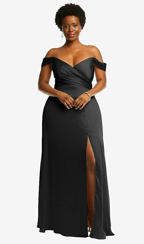 Front View - Black Off-the-Shoulder Flounce Sleeve Empire Waist Gown with Front Slit