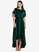Front View Thumbnail - Evergreen Blouson Bodice Deep V-Back High Low Dress with Flutter Sleeves