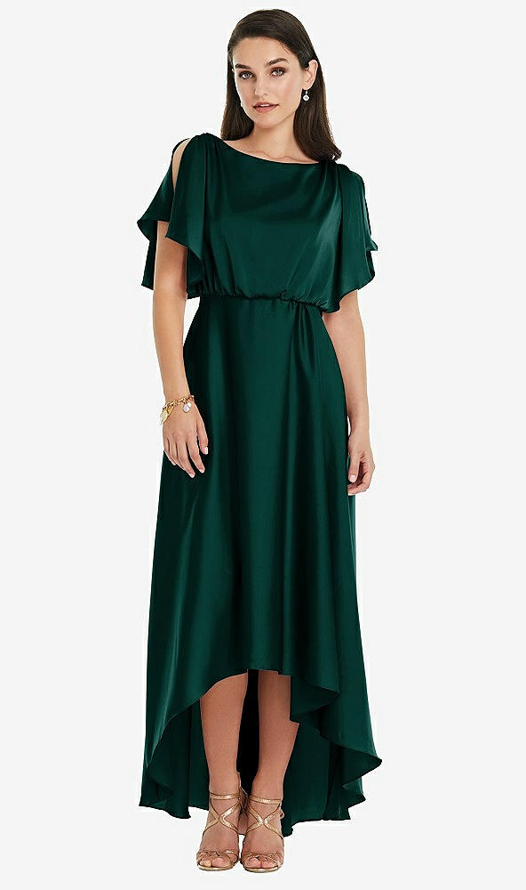 Front View - Evergreen Blouson Bodice Deep V-Back High Low Dress with Flutter Sleeves