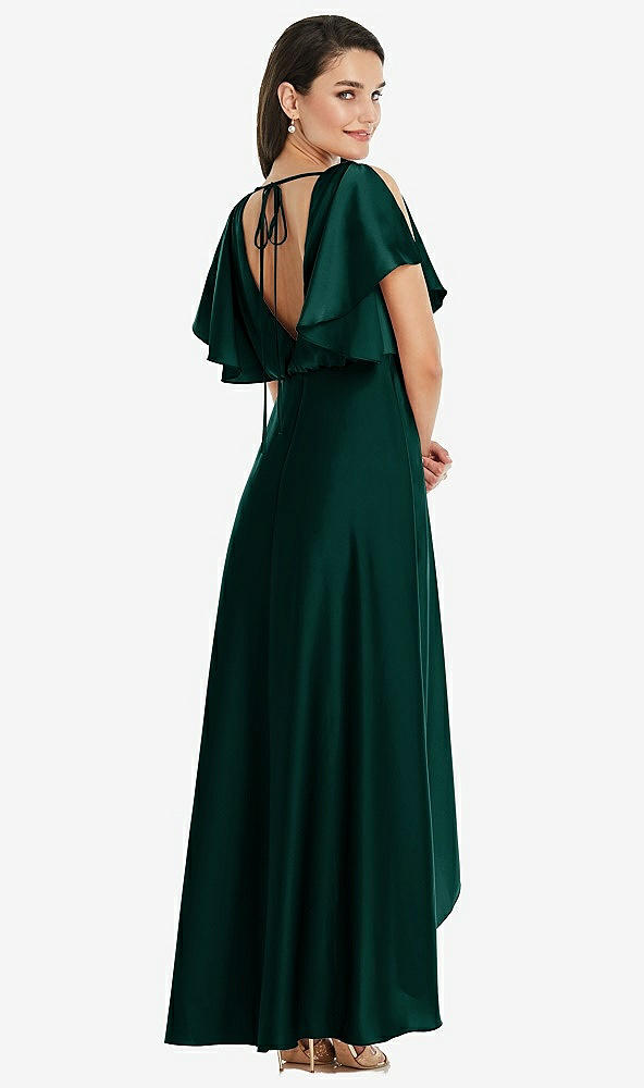 Back View - Evergreen Blouson Bodice Deep V-Back High Low Dress with Flutter Sleeves