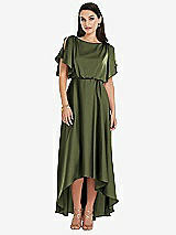 Front View Thumbnail - Olive Green Blouson Bodice Deep V-Back High Low Dress with Flutter Sleeves