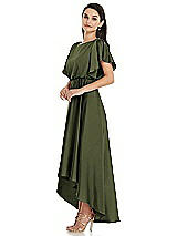 Side View Thumbnail - Olive Green Blouson Bodice Deep V-Back High Low Dress with Flutter Sleeves