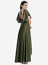 Rear View Thumbnail - Olive Green Blouson Bodice Deep V-Back High Low Dress with Flutter Sleeves