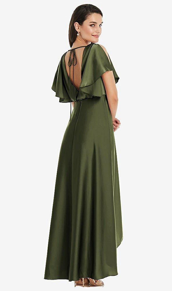 Back View - Olive Green Blouson Bodice Deep V-Back High Low Dress with Flutter Sleeves