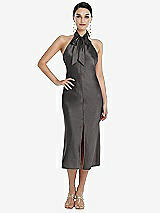 Front View Thumbnail - Caviar Gray Scarf Tie Stand Collar Midi Bias Dress with Front Slit
