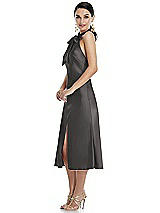 Side View Thumbnail - Caviar Gray Scarf Tie Stand Collar Midi Bias Dress with Front Slit