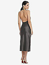 Rear View Thumbnail - Caviar Gray Scarf Tie Stand Collar Midi Bias Dress with Front Slit
