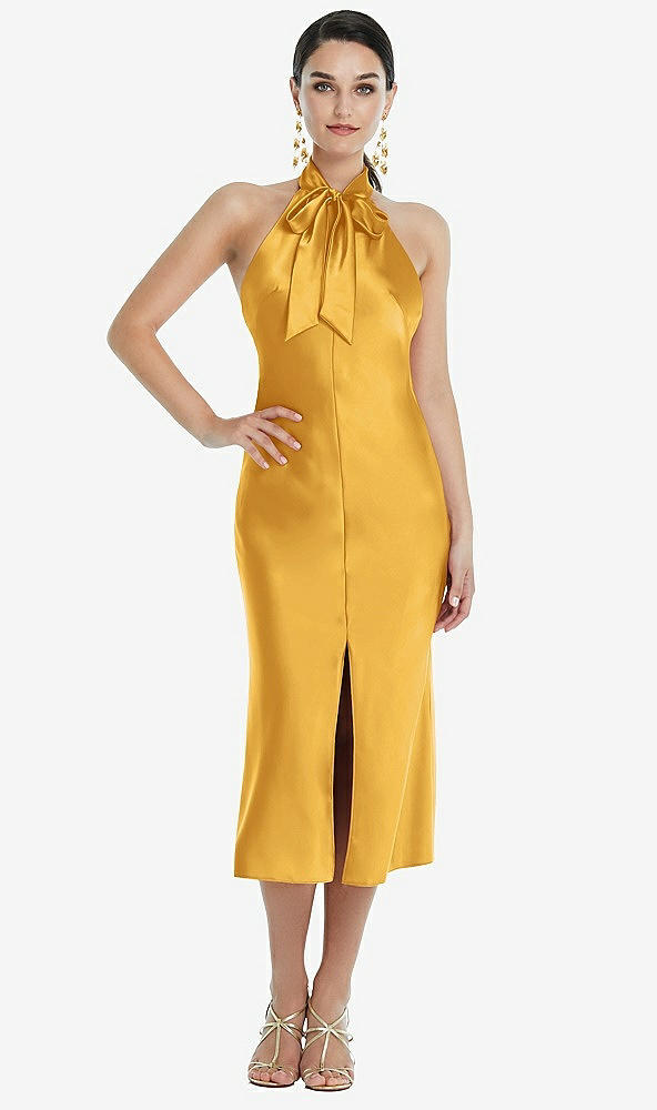 Front View - NYC Yellow Scarf Tie Stand Collar Midi Bias Dress with Front Slit