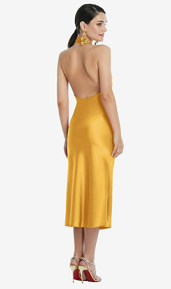 Back View - NYC Yellow Scarf Tie Stand Collar Midi Bias Dress with Front Slit