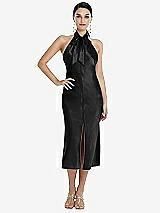 Front View Thumbnail - Black Scarf Tie Stand Collar Midi Bias Dress with Front Slit