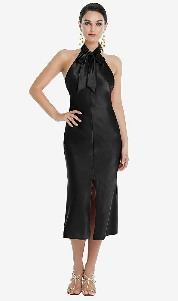 Front View - Black Scarf Tie Stand Collar Midi Bias Dress with Front Slit