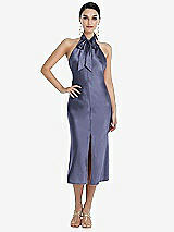 Front View Thumbnail - French Blue Scarf Tie Stand Collar Midi Bias Dress with Front Slit