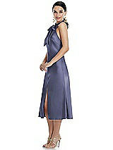 Side View Thumbnail - French Blue Scarf Tie Stand Collar Midi Bias Dress with Front Slit