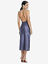Rear View Thumbnail - French Blue Scarf Tie Stand Collar Midi Bias Dress with Front Slit