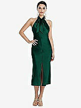 Front View Thumbnail - Hunter Green Scarf Tie Stand Collar Midi Bias Dress with Front Slit