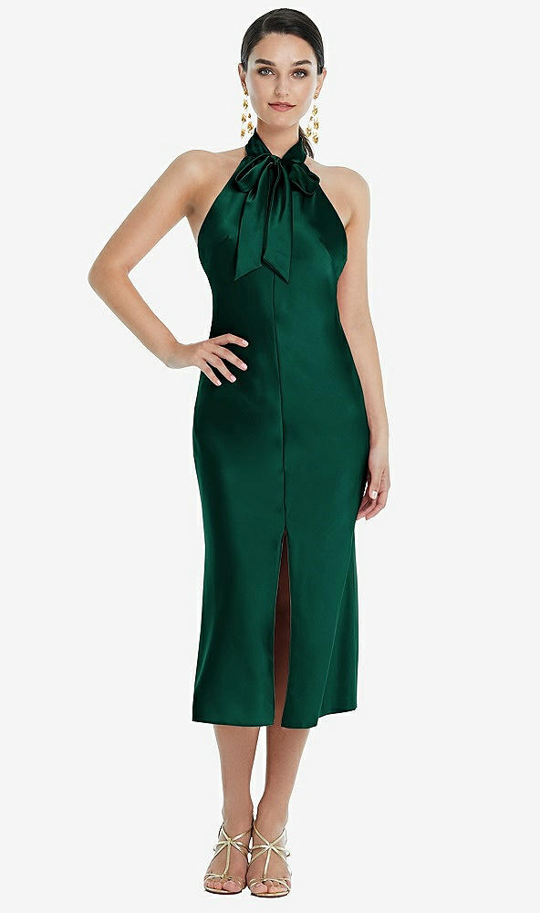 Front View - Hunter Green Scarf Tie Stand Collar Midi Bias Dress with Front Slit