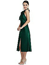 Side View Thumbnail - Hunter Green Scarf Tie Stand Collar Midi Bias Dress with Front Slit