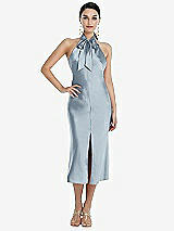 Front View Thumbnail - Mist Scarf Tie Stand Collar Midi Bias Dress with Front Slit
