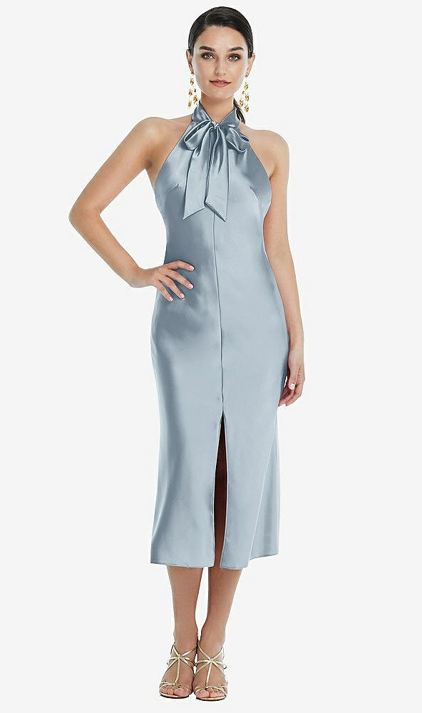 Front View - Mist Scarf Tie Stand Collar Midi Bias Dress with Front Slit