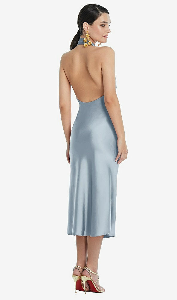 Back View - Mist Scarf Tie Stand Collar Midi Bias Dress with Front Slit