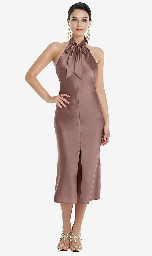 Front View - Sienna Scarf Tie Stand Collar Midi Bias Dress with Front Slit