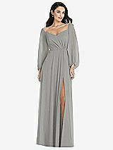 Alt View 1 Thumbnail - Chelsea Gray Off-the-Shoulder Puff Sleeve Maxi Dress with Front Slit