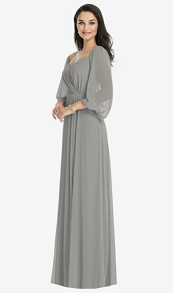 Front View - Chelsea Gray Off-the-Shoulder Puff Sleeve Maxi Dress with Front Slit
