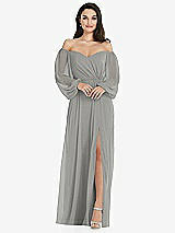 Side View Thumbnail - Chelsea Gray Off-the-Shoulder Puff Sleeve Maxi Dress with Front Slit
