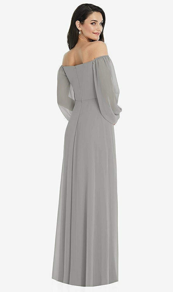 Back View - Chelsea Gray Off-the-Shoulder Puff Sleeve Maxi Dress with Front Slit
