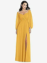 Alt View 1 Thumbnail - NYC Yellow Off-the-Shoulder Puff Sleeve Maxi Dress with Front Slit