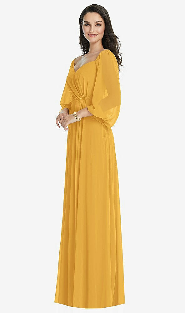 Front View - NYC Yellow Off-the-Shoulder Puff Sleeve Maxi Dress with Front Slit