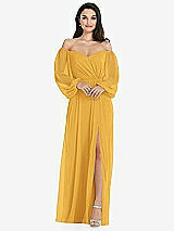 Side View Thumbnail - NYC Yellow Off-the-Shoulder Puff Sleeve Maxi Dress with Front Slit
