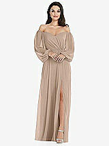 Side View Thumbnail - Topaz Off-the-Shoulder Puff Sleeve Maxi Dress with Front Slit