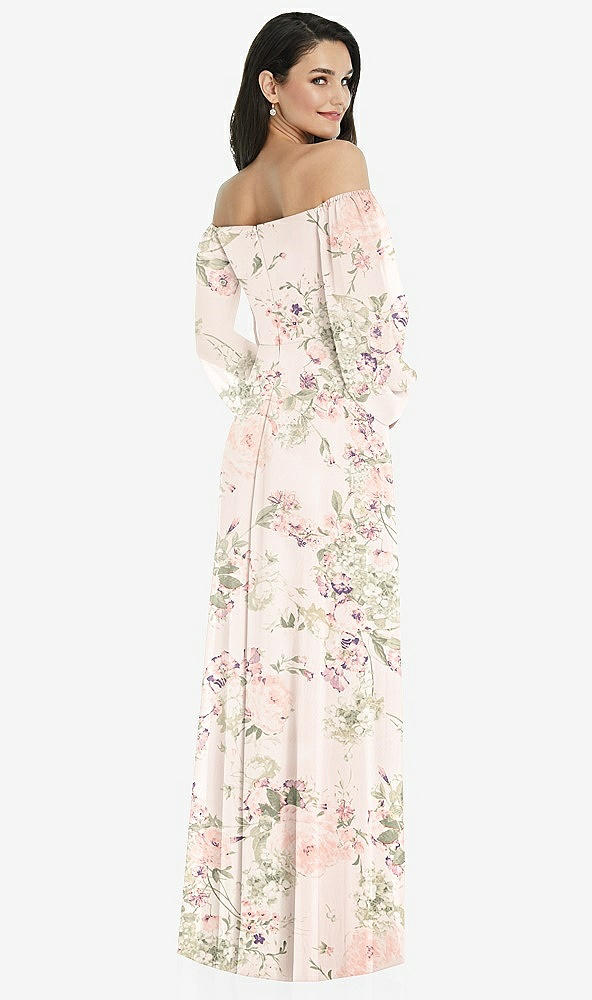 Back View - Blush Garden Off-the-Shoulder Puff Sleeve Maxi Dress with Front Slit