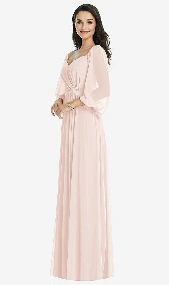 Front View - Blush Off-the-Shoulder Puff Sleeve Maxi Dress with Front Slit