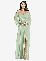 Side View Thumbnail - Celadon Off-the-Shoulder Puff Sleeve Maxi Dress with Front Slit