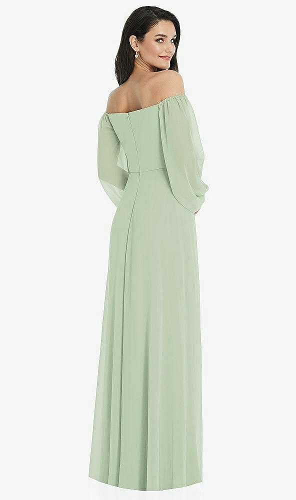 Back View - Celadon Off-the-Shoulder Puff Sleeve Maxi Dress with Front Slit