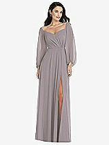 Alt View 1 Thumbnail - Cashmere Gray Off-the-Shoulder Puff Sleeve Maxi Dress with Front Slit