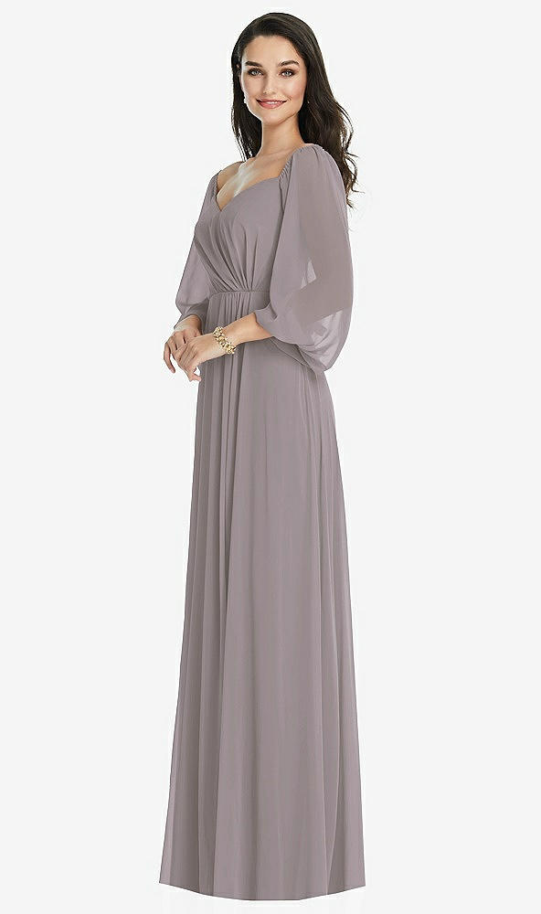 Front View - Cashmere Gray Off-the-Shoulder Puff Sleeve Maxi Dress with Front Slit