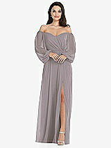Side View Thumbnail - Cashmere Gray Off-the-Shoulder Puff Sleeve Maxi Dress with Front Slit