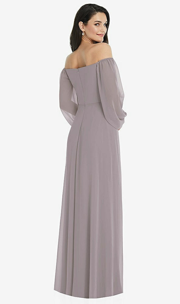 Back View - Cashmere Gray Off-the-Shoulder Puff Sleeve Maxi Dress with Front Slit