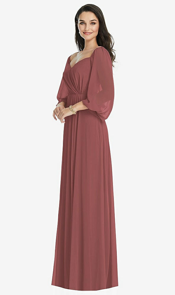 Front View - English Rose Off-the-Shoulder Puff Sleeve Maxi Dress with Front Slit